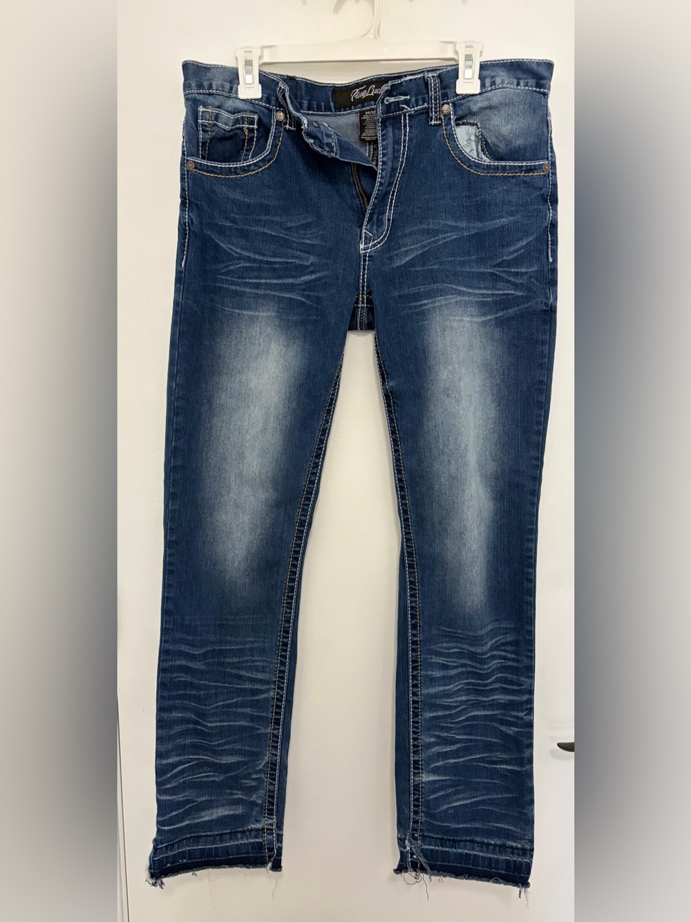 True luck Men's Straight Jeans in Washed Dark Blue